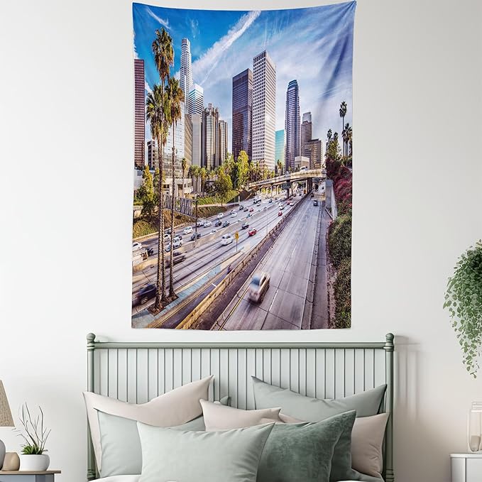Ambesonne Travel Tapestry, Downtown Cityscape of Los Angeles California USA Avenue Buildings Palms Print, Fabric Wall Hanging Decor for Bedroom Living Room Dorm, 30" X 45", Blue Grey Green