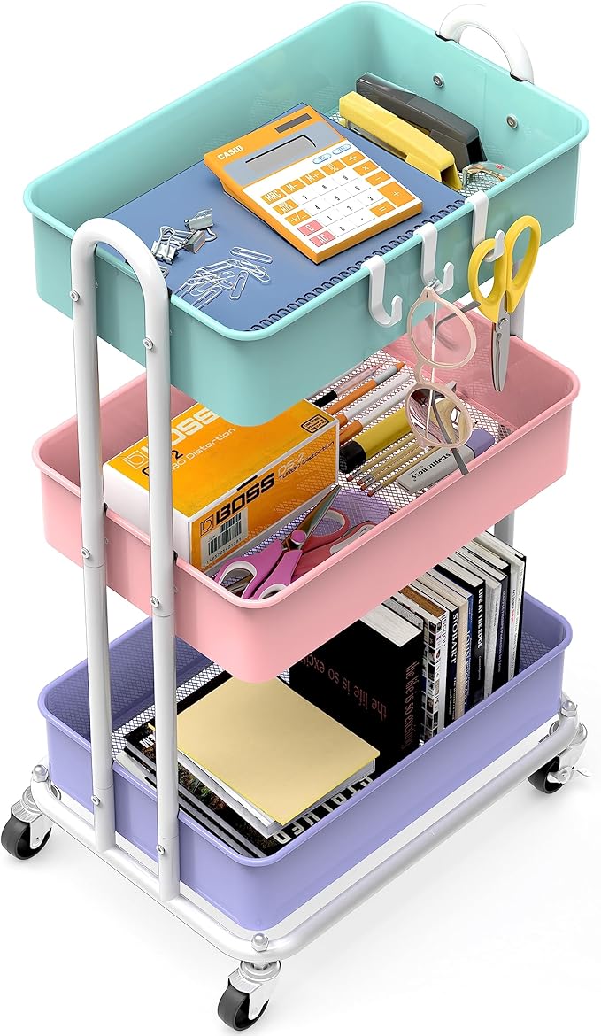 Simple Houseware 3-Tier Heavy Duty Metal Utility Rolling Cart, Multicolor