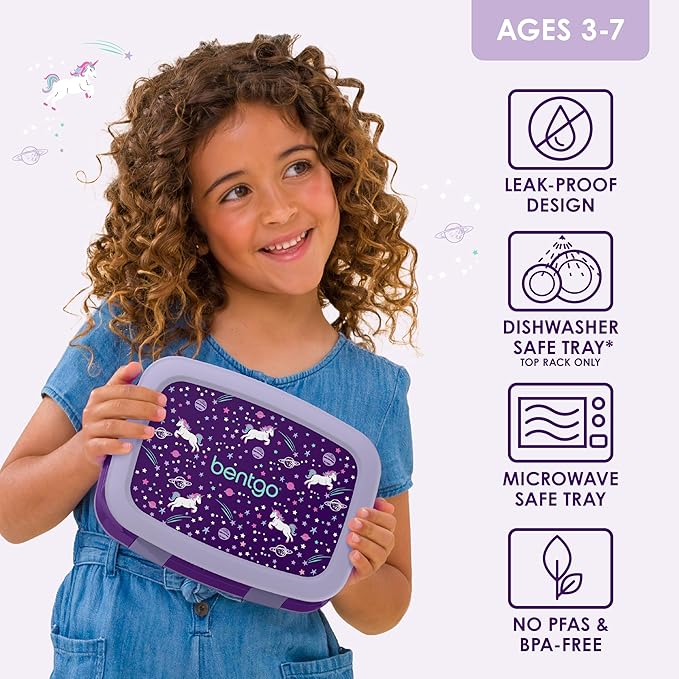Bentgo Kids Prints Leak-Proof, 5-Compartment Bento-Style Kids Lunch Box - Ideal Portion Sizes for Ages 3-7, Durable, Drop-Proof, Dishwasher Safe, & PFAS & BPA-Free Materials (Unicorn)