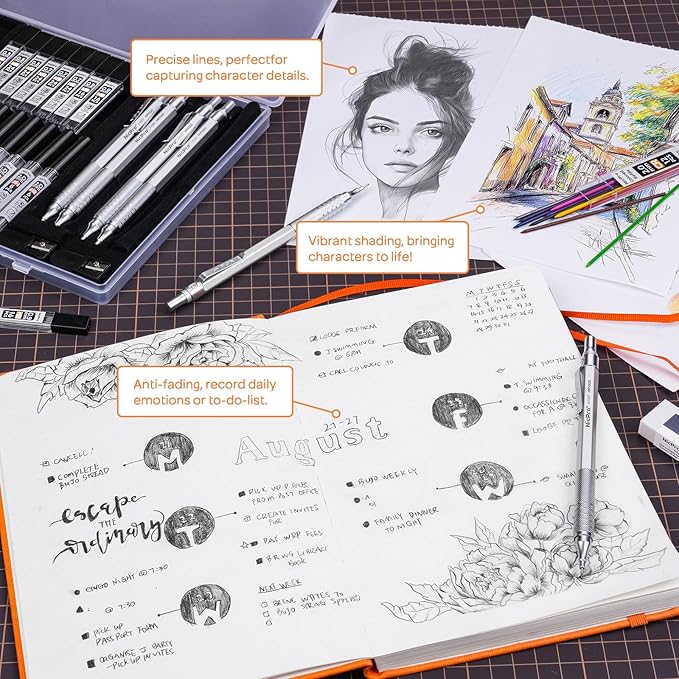 Nicpro 22PCS Metal Mechanical Pencil Set in Case, Art Drafting Pencil 0.5, 0.7, 0.9 mm & 2 PCS 2mm Mechanical Drawing Pencils with 396PCS Leads (4B 2B HB 2H Colored) for Drawing Writing Sketching