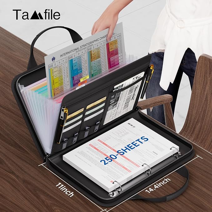 Tamfile Fireproof Accordion File Organizer with Handle, 13 Pocket Expanding File Folder with Zipper & Labels, File Folder with 3 Ring Binder, Multi Pockets Paper Organizer Folder for Letter A4 Files
