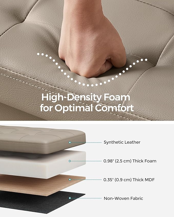 SONGMICS MAZIE Collection - 43 Inches Storage Ottoman Bench with Flipping Lid, Storage Chest with Iron Frame Support, Load 660 lb, for Living Room, Bedroom, Synthetic Leather, Camel Brown ULSF075K03