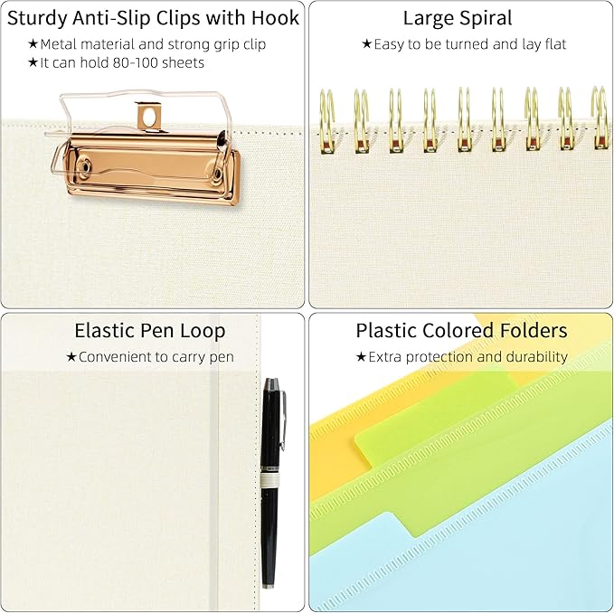 Ospelelf Foldable Spiral Clipboard Folio with Storage Zipper Pouch, 5 Plastic Folders with 10 Pockets, Refillable Lined Notepad (11" x 8.5"), Linen Hardcover Project Organizer (Beige)