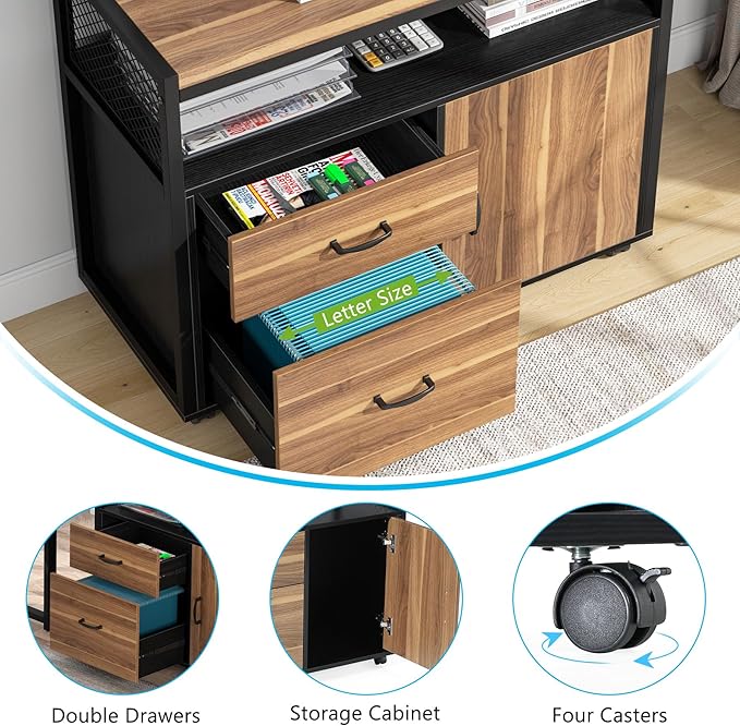 Tribesigns Modern File Cabinet with Drawers for Letter-Size, Lockable lateral Filing Cabinet Printer Stand with Door& Caster for Home Office.Desk Not Included
