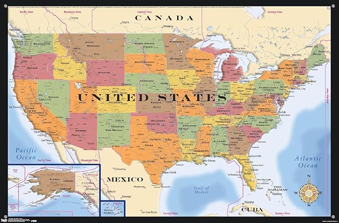 Map - USA Time Zones Wall Poster with Push Pins
