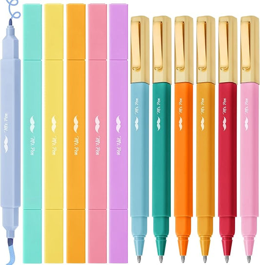 Mr. Pen- Dual Tip Aesthetic Highlighters and Pens No Bleed, 12Pack, Assorted Colors Bible Highlighters No Bleed Highlighters for Bibles, Black Ink Bible Pens No Bleed Through Ballpoint Pens Ballpoint