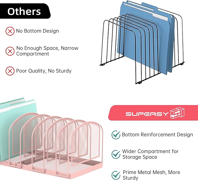 SUPEASY File Organizer 9-Section Mesh Desk Organizer, Upright File Organizer Desktop Organizer File Sorter, File Folder Holder for Office Supplies, Pink