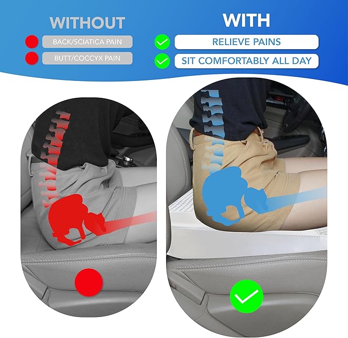Car Seat Cushion, Comfortable Memory Foam Seat Pillow for Driving, Sciatica-Back Pain Relief, Cushion for Car-Truck, Office, Wheelchair - Gray