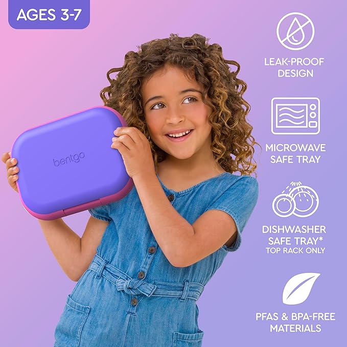 Bentgo Chill Kids Leak-Proof Lunch Box - 4-Compartment Bento Box with Built-In Ice Pack, 3.3 Cup Capacity, PFAS & BPA-Free, Microwave & Dishwasher Safe, Ideal Size for Ages 3 to 7 (Electric Violet)