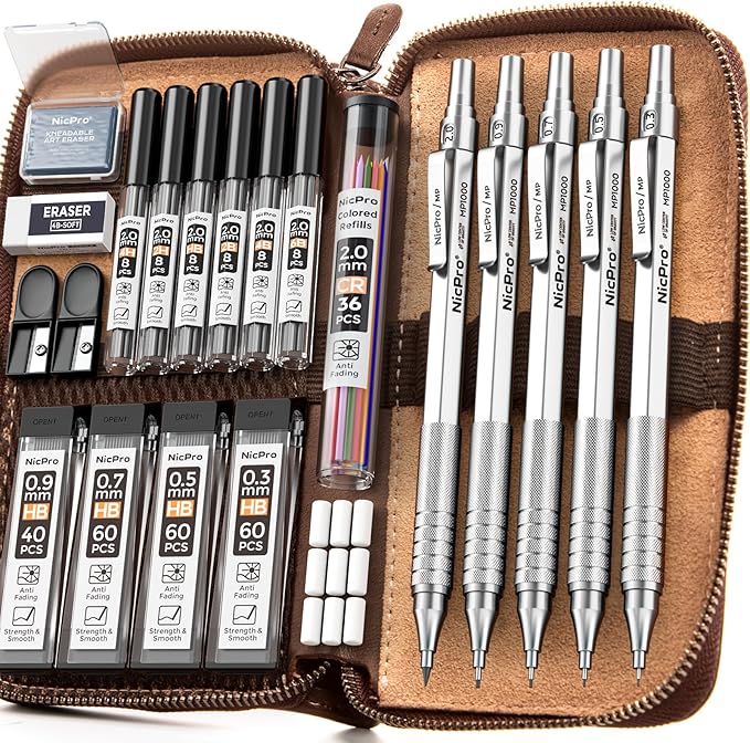 Nicpro 20PCS Metal Mechanical Pencil Set in Leather Case, Art Drafting Pencil 0.3, 0.5, 0.7, 0.9 mm & 2mm Lead Holders, 9 Tube (4B 2B HB 2H Colors) Lead Refills, Erasers For Sketching Drawing
