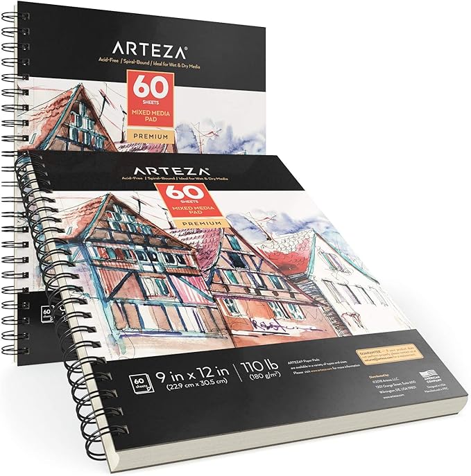 ARTEZA Mixed Media Sketchbook, 9x12 Inches – 2-Pack, 60 Spiral-Bound Sheets, 110 lb Acid-Free Paper for Wet & Dry Media: Acrylic, Ink, Pencil & More