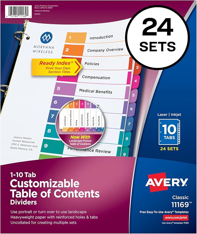 Avery 10 Tab Dividers for 3 Ring Binders, Customizable Table of Contents, Multicolor Tabs, 24 Sets (11169)