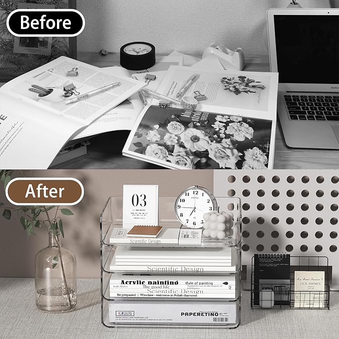 4-Tier Acrylic Paper Tray Organizer - Low-Profile Desk File Sorter for Office/Home, Clear Stackable Letter Tray for Bills, Crafts, Notebooks