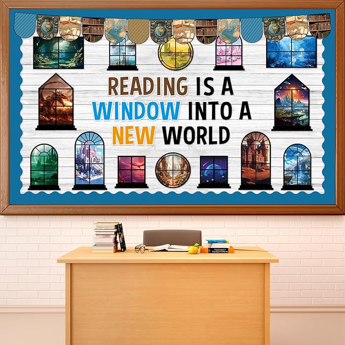 Reading Bulletin Board Set Back to School Classroom Decoration Reading is A Window Into A New World Cutouts Educational Motivational Kindergarten Elementary School Classroom Chalkboard Wall Door Decor