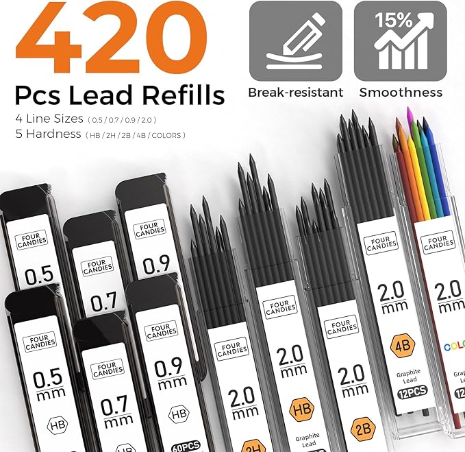 Four Candies Metal Mechanical Pencil Set, 3PCS Art Drafting Pencils 0.5, 0.7, 0.9MM & 2PCS 2MM Mechanical Drawing Pencils with 420PCS Leads (4B 2B HB 2H Color) for Writing Sketching Drawing (Black)