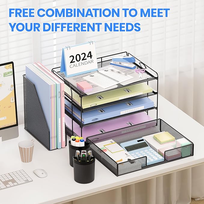 OPNICE Desk Organizer, 4-Tier Desktop File Organizer with Drawer and 2 Pen Holders, Office Desk Accessories, File Sorters, Workspace Organizers for Office Supplies(Black)