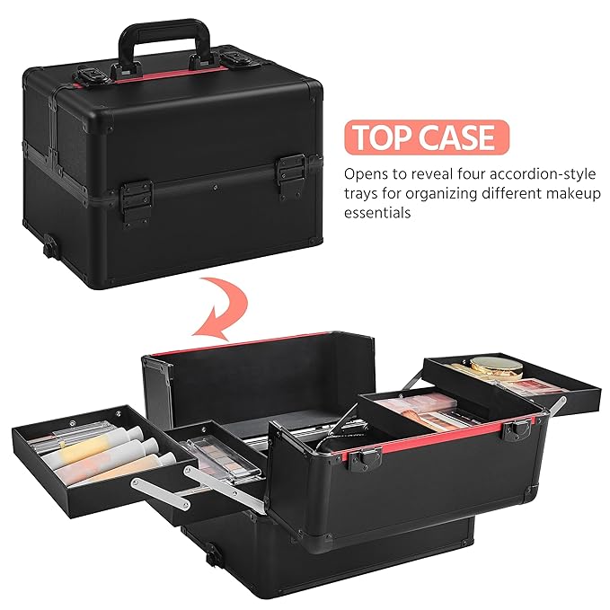 Yaheetech 4 in 1 Professional Makeup Train Case Aluminum Cosmetic Case Rolling Makeup Case Extra Large Trolley Makeup Travel Organizer, with 360° Swivel Wheels, Black
