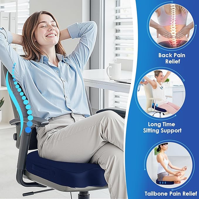 TushGuard Seat Cushion for Office Chair Memory Foam Non-Slip Desk Seat Cushion Back, Coccyx, Sciatica, Tailbone Pain Relief Butt Pillow for Office Chair, Car, Wheelchair, Blue
