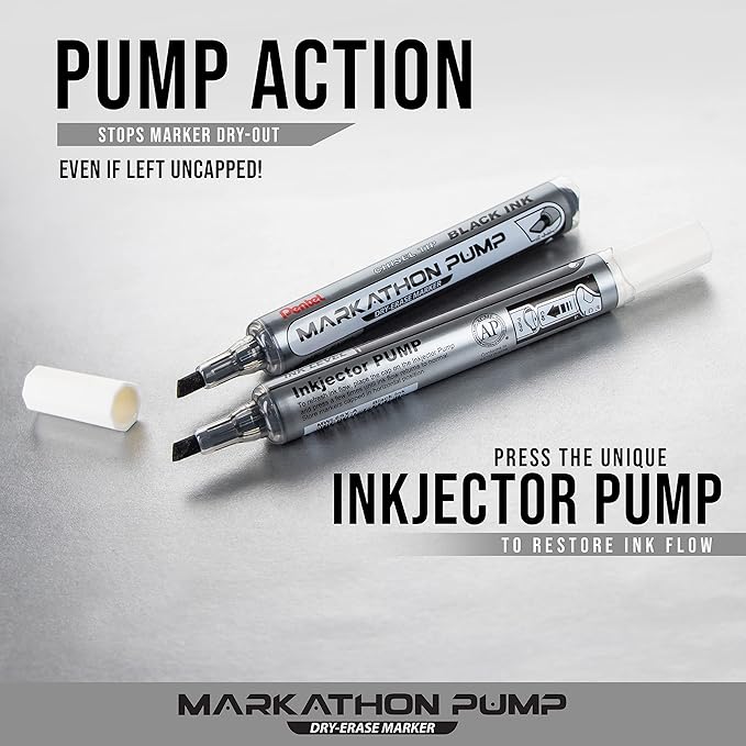 Pentel Markathon Pump Dry Erase Marker, Chisel Tip, Black Ink, 4 Pack (MWL6SXBP4A)