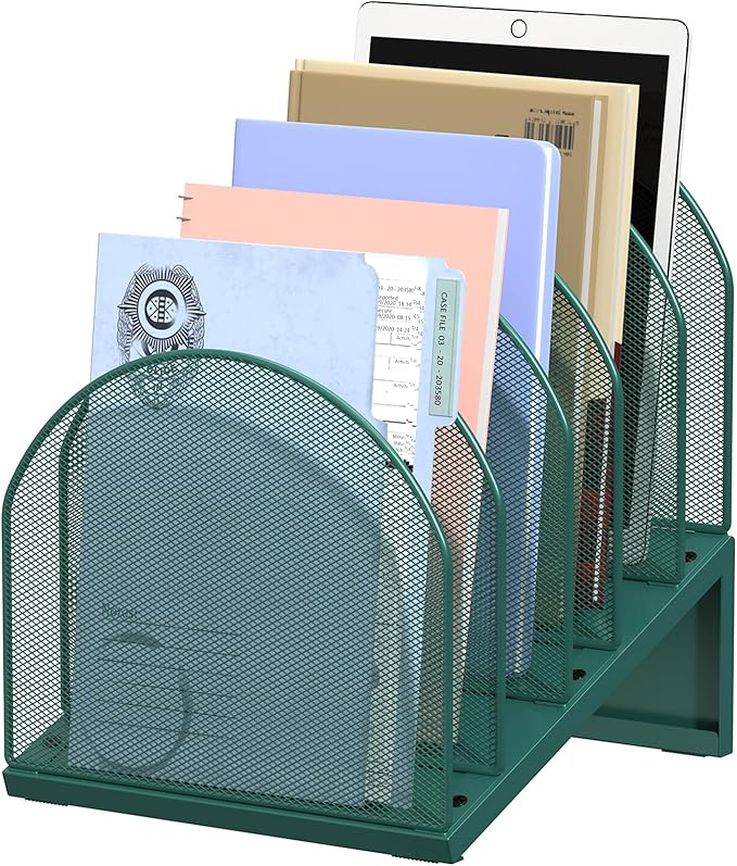 5-Section Desk File Organizer, Metal Mesh Folder Organizer for Documents, Mail & Office Papers (Green)