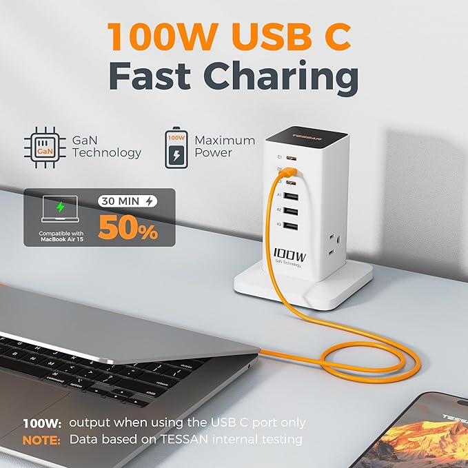 Charging Station PD 100W, TESSAN 9-in-1 USB C Power Strip for iPhone 17/16, MacBook, Tablet, Desktop Phone Fast Charger with 3 AC, 3 USB-A Ports, Home Drom Office Accessories, White