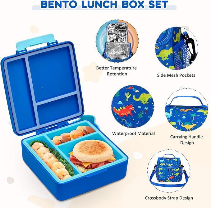 Lunch Box Set with Bento Box Container, 17OZ Stainless Steel Food Soup Thermo, Kids Water Bottle & Portable Insulated Lunch Bag, Leakproof, Hot/Cold Retention for School, Travel (Dinasour)