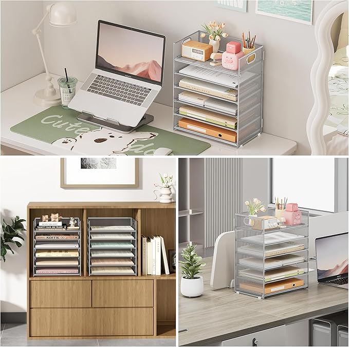 Subekyu 6-Tier Desk Paper Organizer, Desktop File Letter Tray with Handle, Document Sorter and Accessories Holder for Office, Home and School Workspace Organizers, Silver - 2 Pack