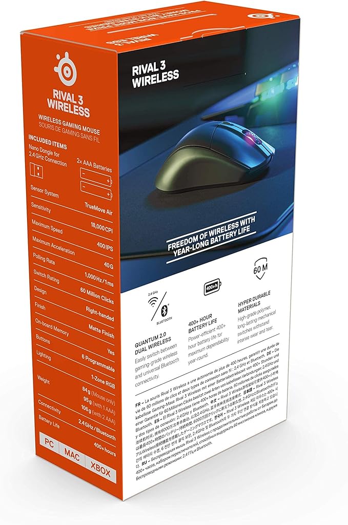 SteelSeries Rival 3 Wireless Gaming Mouse – 400+ Hour Battery Life – Dual Wireless 2.4 GHz and Bluetooth 5.0 – 60 Million Clicks – 18,000 CPI TrueMove Air Optical Sensor,Black
