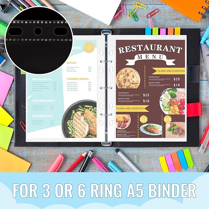 50 Pack 5.5x8.5 Inch Sheet Protectors for 3 or 6 Ring A5 Binder, Half Letter Size 7 Holes Mini Heavy-Duty Sheet Protector Sleeves Crystal Clear Playbill Binder Pockets