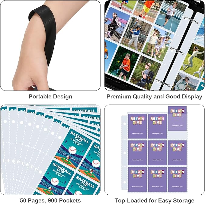 900 Pockets Trading Card Binder, PU Cover Zipper Card Collection Album, Sturdy Card Folder Holder for MTG, TCG, Game Cards, Sports Cards