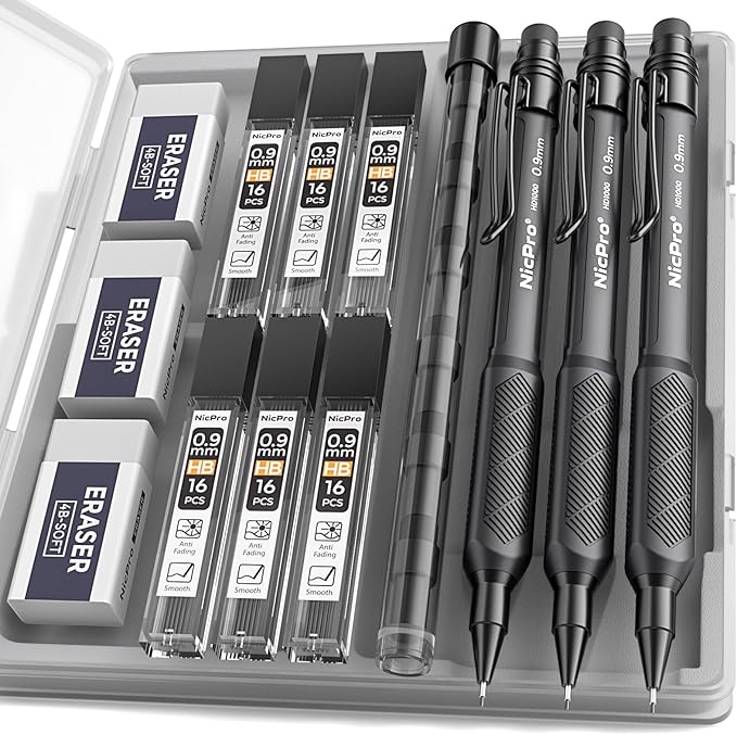 Nicpro Art Mechanical Pencil 0.9mm with Case, 3PCS HD1000 Hevey Duty Lead Pencils With 6 Tube HB 0.9 Lead Refill, Eraser, Weatherproof Barrel Pencil Set for Outdoor Writing Drafting Drawing Sketching