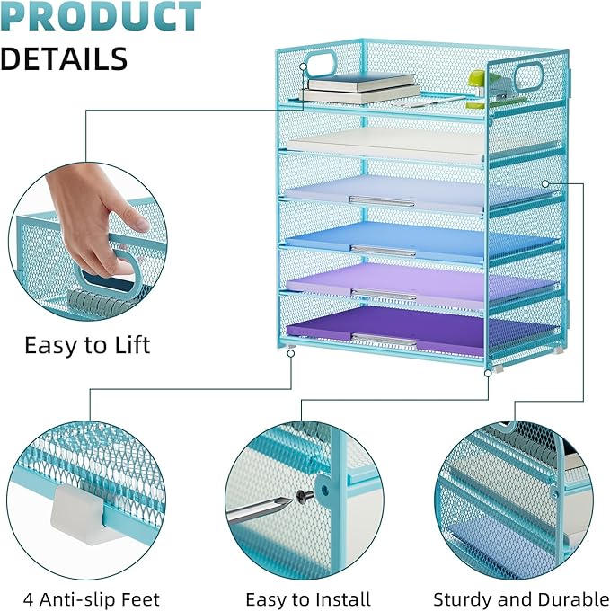 Marbrasse 2 Pack Desk Organizer with Handle, 6 Tier Paper Letter Tray, Mesh Desk File Organizer for Office, School and Home - Blue