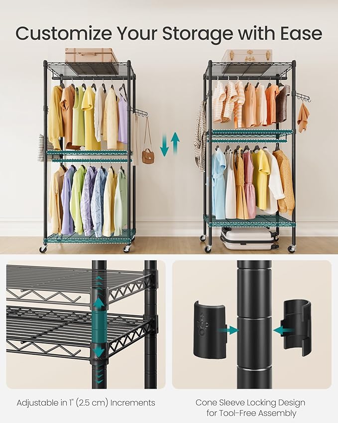 SONGMICS Heavy-Duty Rolling Clothes Rack, Garment Rack, Portable Closet, 29.5-Inch Wide Clothing Rack on Wheels, with Adjustable Mesh Shelves and Hanging Rails, Hooks, Ink Black ULGR412B01