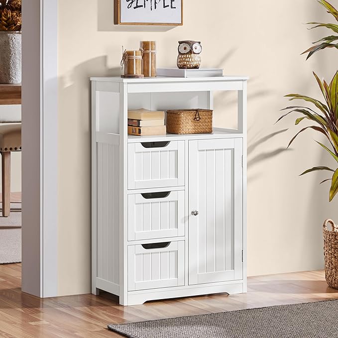 Yaheetech Bathroom Floor Cabinet Wooden Storage Organizer with 1 Door and 3 Drawers, Free-Standing Cupboard for Kitchen/Living Room/Bathroom Use, White