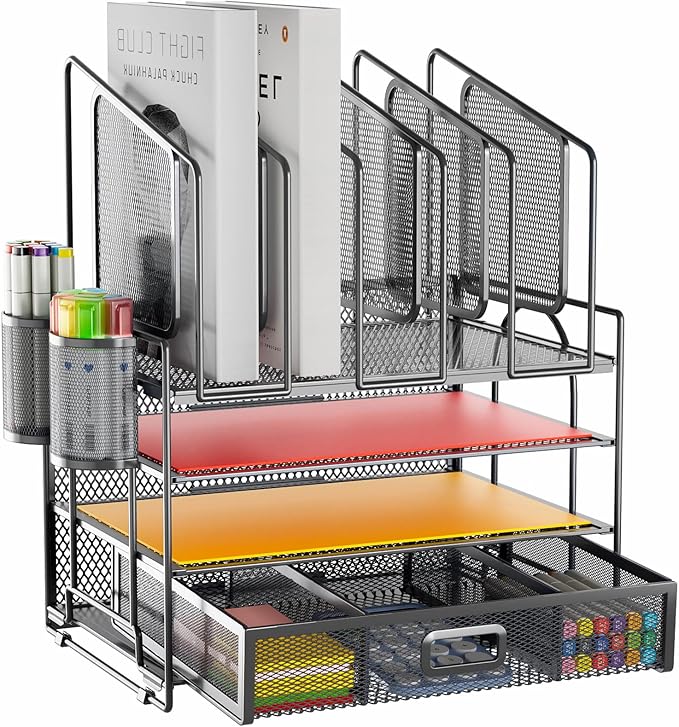 Marbrasse Desk Organizers, 4-Tier Mesh Desk File Organizer with 5 Vertical File Holders and 2 Pen Holders, Multifunction Desktop Organizer,Desk Organizers and Accessories for Home Office (Gray)