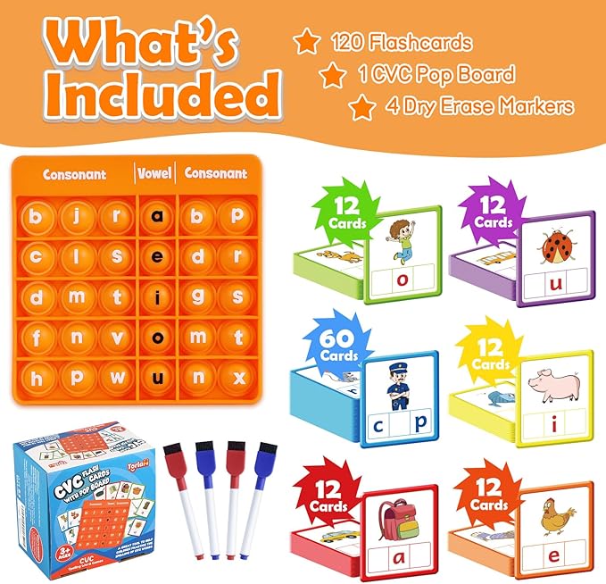Torlam CVC Word games Phonics Games Sight Words Flash Cards, Spelling Reading Learning Flashcards, Speech Therapy Toy Preschool Kindergarten Classroom Learning Activities Must Have Homeschool Supplies