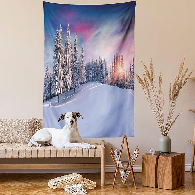 Ambesonne Winter Tapestry Queen Size, Idyllic Panorama of Winter Sunrise in Snow Covered Mountains Serenity Freshness, Wall Hanging Bedspread Bed Cover Wall Decor, 88" X 88", Pastel Lavender