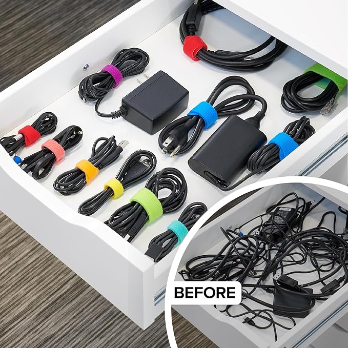 Self-Gripping Cable Ties by Wrap-It Storage, Multi-Color, 40 Pack (5 Inch and 8 Inch Straps) – Reusable Hook and Loop Cord Keeper, Cable Wrappers for Cord Management and Home Office Desk Organization