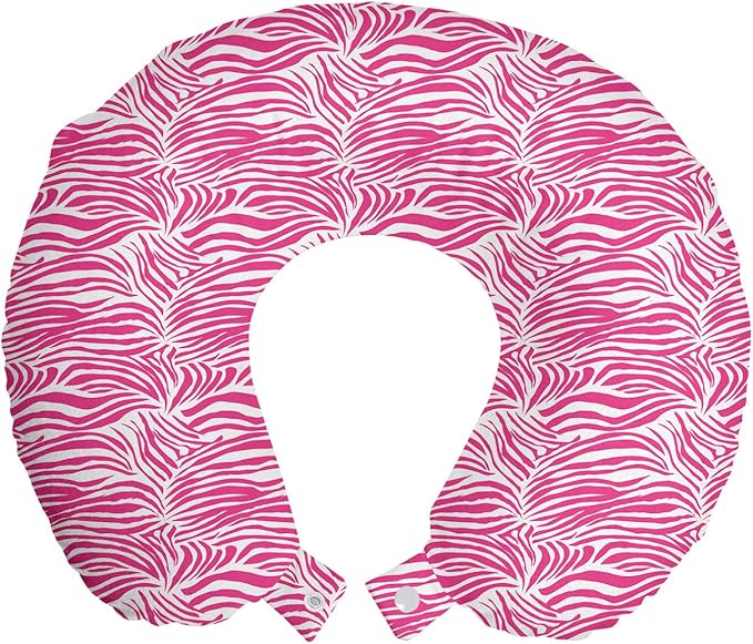 Ambesonne Zebra Print Travel Pillow Neck Rest, Striped Zebra Animal Skin Pattern in Vivid Color Fun Art Print, Memory Foam Traveling Accessory for Airplane and Car, 12", Pink Black