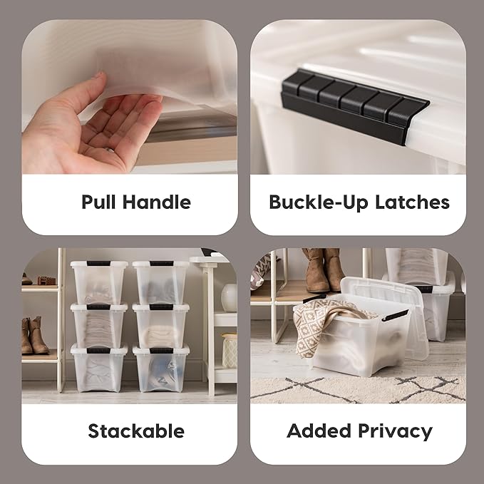 IRIS USA 19 Qt Stackable Plastic Storage Bins with Lids, 6 Pack - BPA-Free, Made in USA - Discreet Organizing Solution, Latches, Durable Nestable Containers, Secure Pull Handle - Pearl