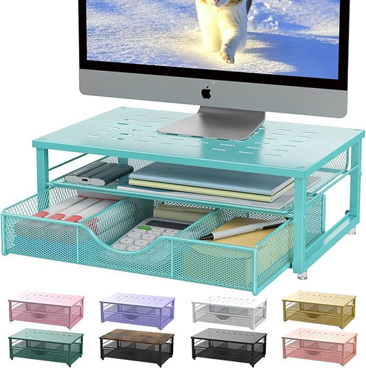 gianotter Computer Monitor Stand Riser, office organizer with Drawer, Office Organizers Storage for Classroom Office Supplies (Blue)