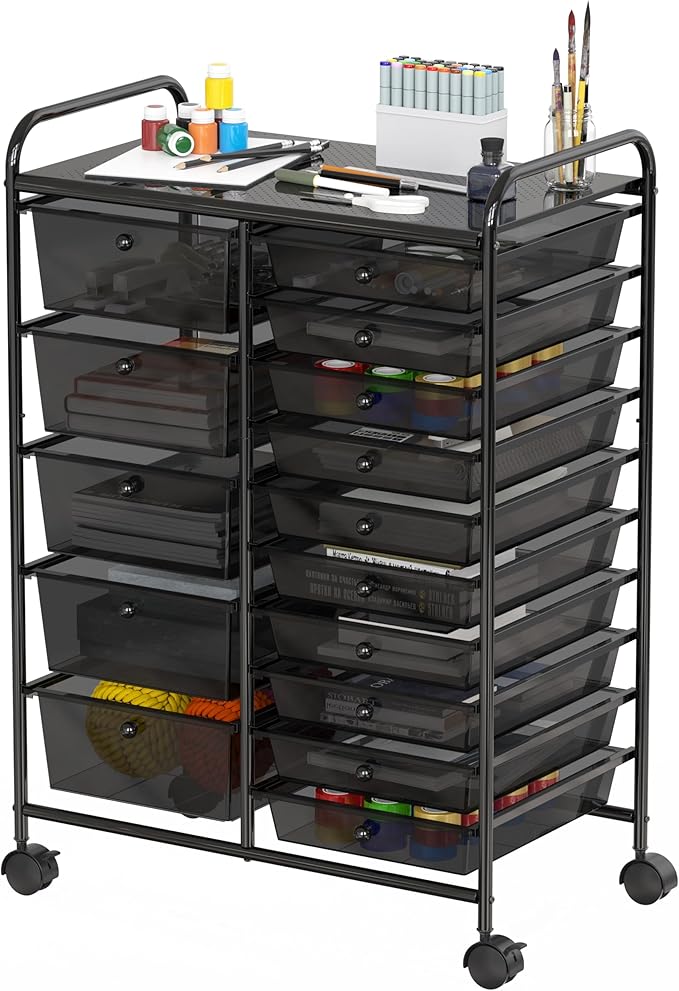 Simple Houseware Utility Cart with 15 Drawers Rolling Storage Art Craft Organizer, Black