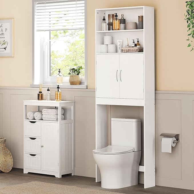 Yaheetech Over The Toilet Storage, Taller Bathroom Organizer Space-Saving Storage Cabinet with Adjustable Shelves and Double Doors, 77 in H, White