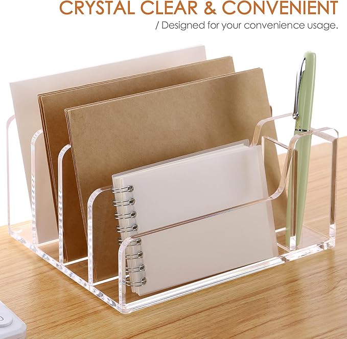 SANRUI Acrylic Mail Organizer, 5 Compartments File Holder for Desk,Letter Sorter with Pen Holder,Desk Organizers and Accessories,Clear Cute Mail Sorter
