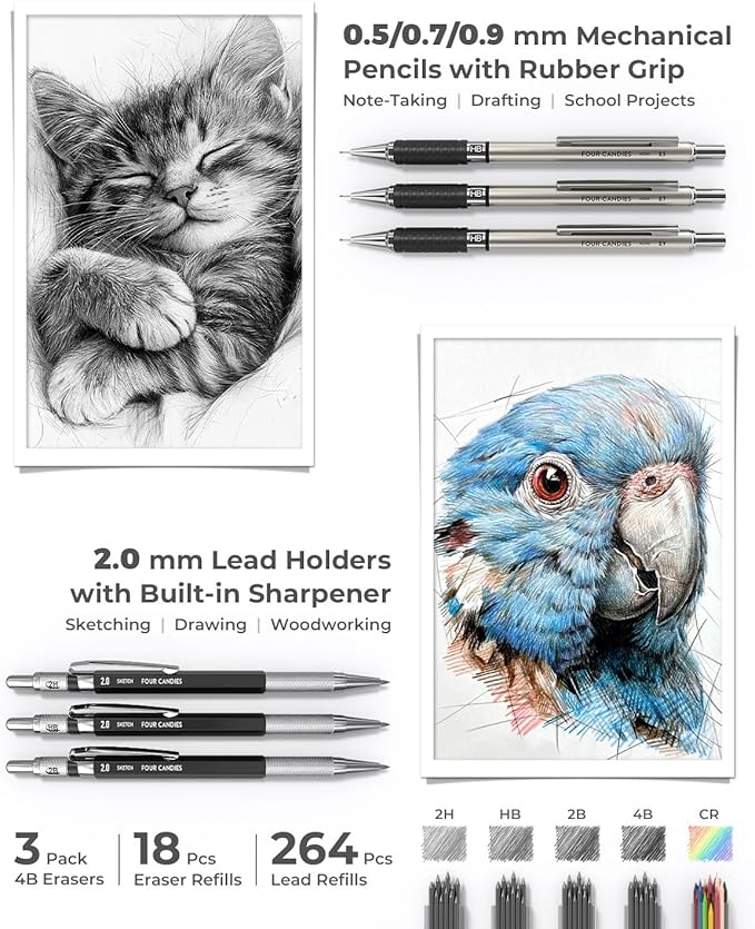 Four Candies 45 PCS School Supplies with Pen Case, 12 Pastel Highlighters, 6 Black Ink Gel Pens, 6 Mechanical Pencils Set for Students Stationary College Essentials (Black)