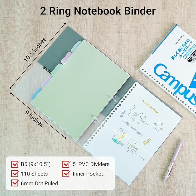 KOKUYO 5 Subject Spiral Notebook Journal, Campus 110 Sheets B5 Refillable Notebook with Dividers Tabs, 6mm Dot Lined Binder Notebook for Work School Note Taking. 9" x 10.5", Light Blue, Japan Import