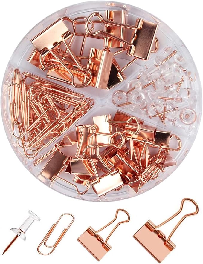 Paper Clips and Binder Clips Set, Metal Assorted Sized Binders with Push Pins, Cute Office Supplies for Desk, Desk Accessories, Rosegold