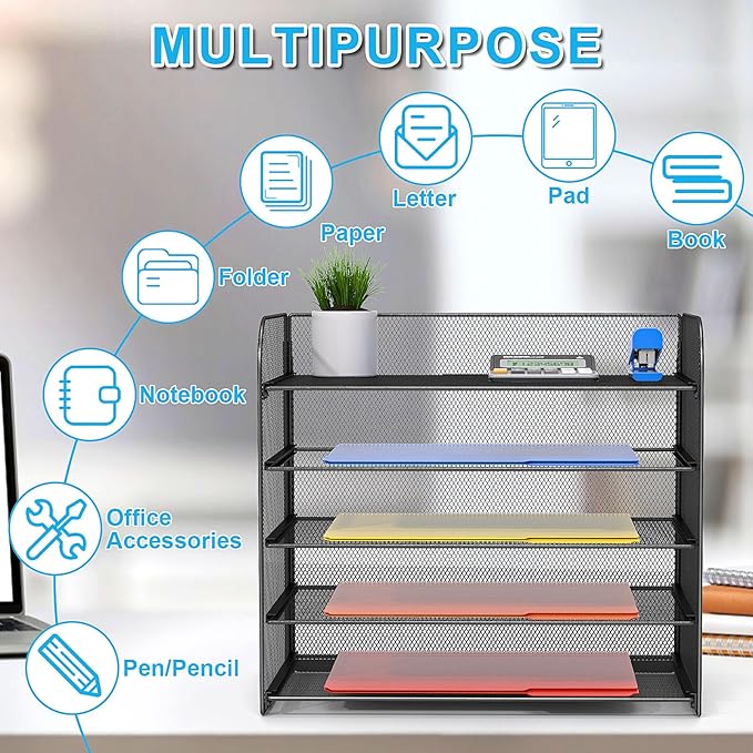 Legal/A4 5 Tier Paper Organizer,Paper Tray Holder for Desk,Letter Size File Holder/Sorter,File Folders Shelf Organizer for Office,School,Home,Solid Steel,Mesh,Sturdy,Leakproof,Large Capacity