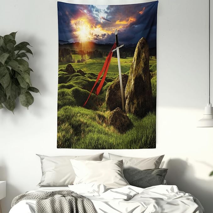 Ambesonne King Tapestry Twin Size, Arthur Camelot Myth in England Ireland Fields Invincible Myth Image, Wall Hanging Bedspread Bed Cover Wall Decor, 68" X 88", Green Blue Red