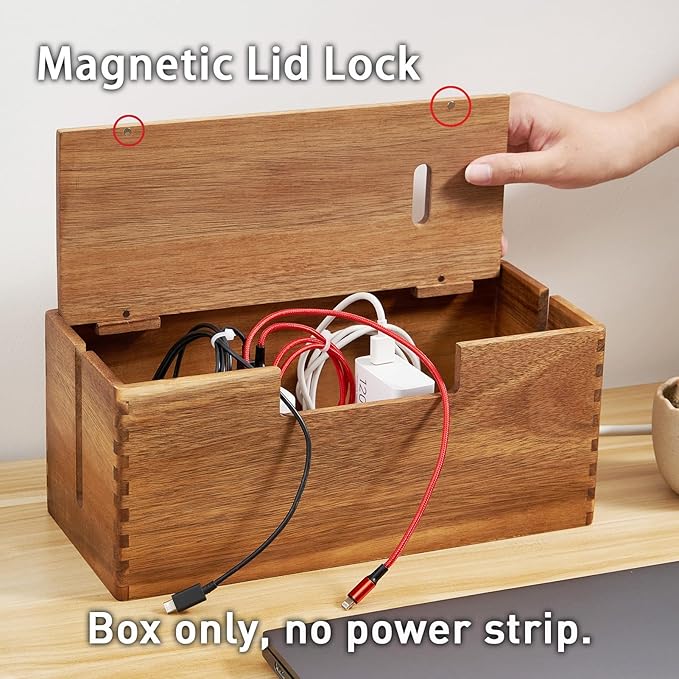 Acacia Wood Cable Management Box, Wooden Cord Hider & Organizer for Power Strip, Electrical Hiding, TV Wires, Desk & Floor Cables - Office Under Desk Cable Storage Box for Wire Storage Organization